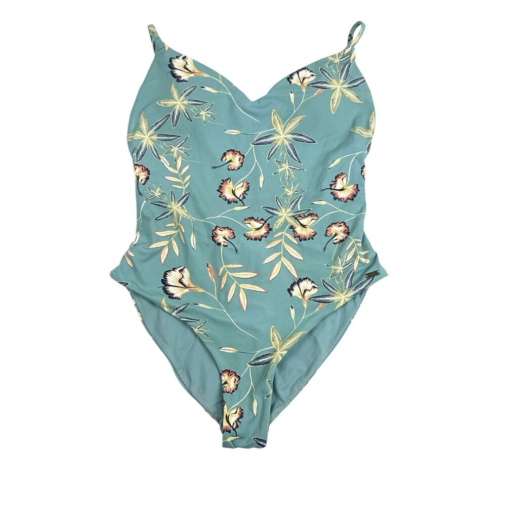 Roxy Trellis Bird Flower Softly Love One Piece Swimsuit Teal Floral Open Back M
